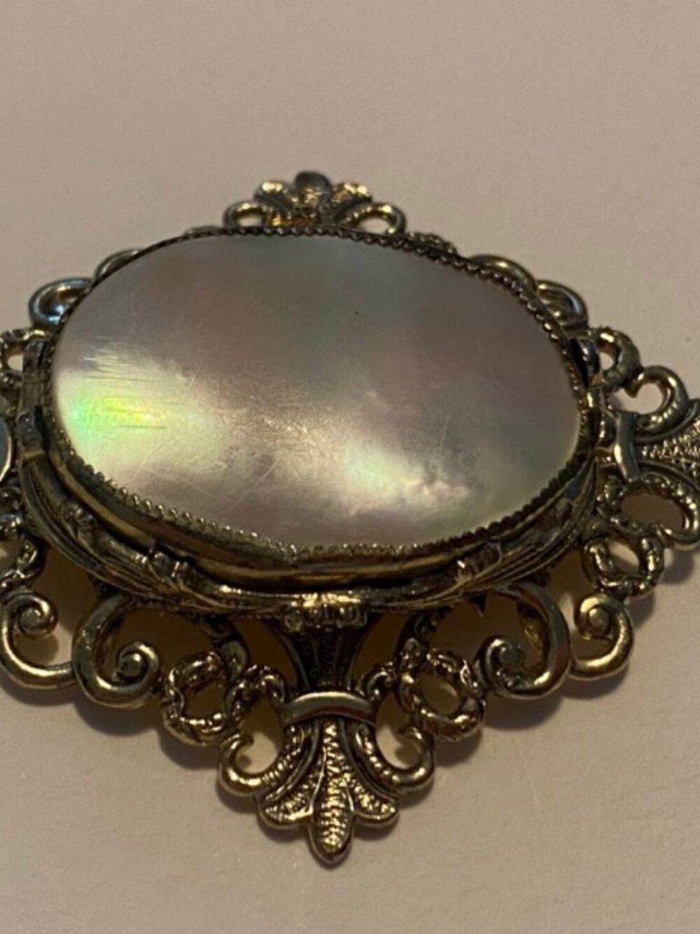 Vintage Mother of Pearl Brooch Gold Tone Victorian Revival Scrollwork Pin